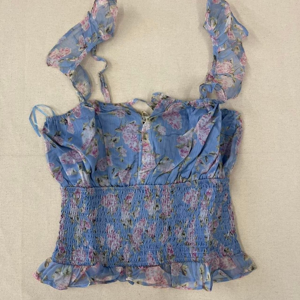 Blue floral smocked cami top